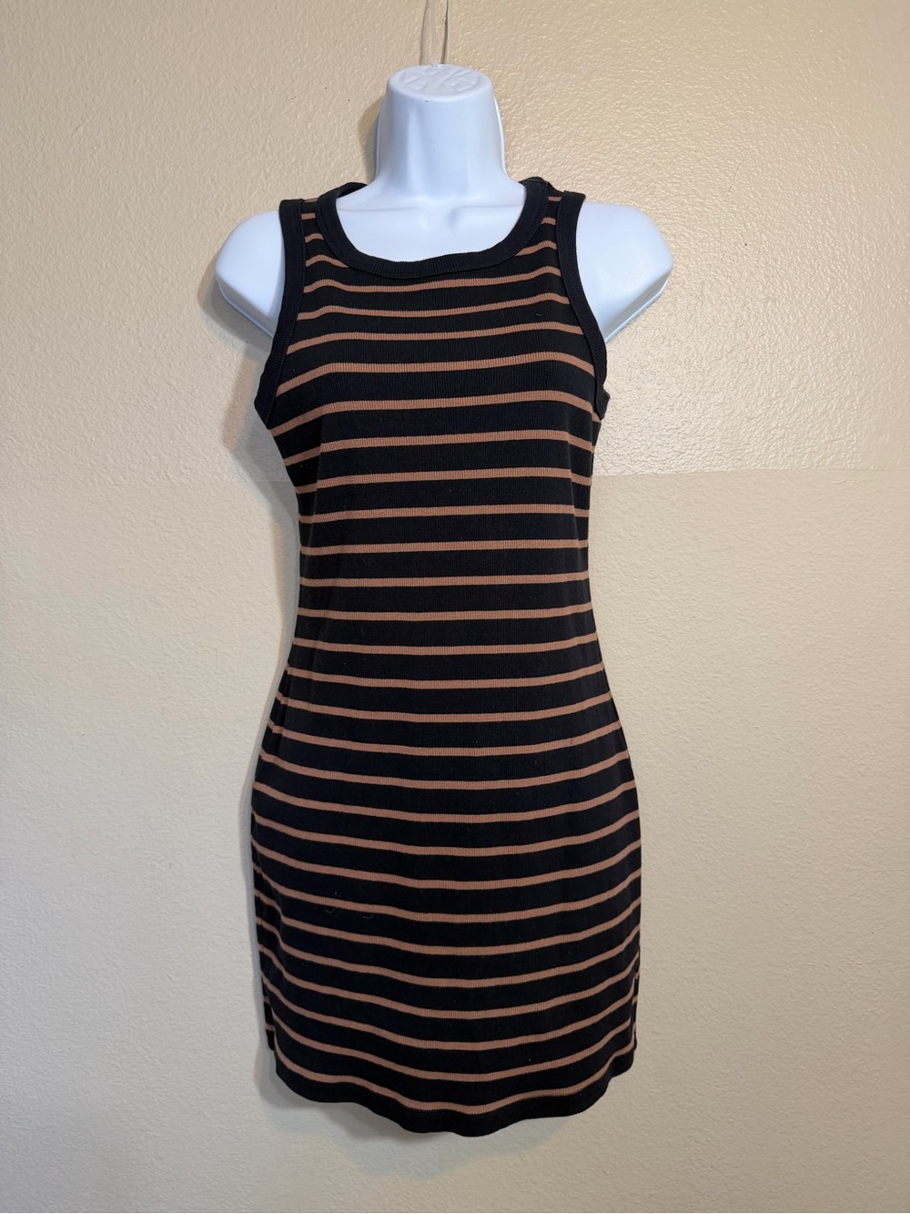 Steve Madden Ribbed Tank Dress Black Brown Striped Bodycon Size Small